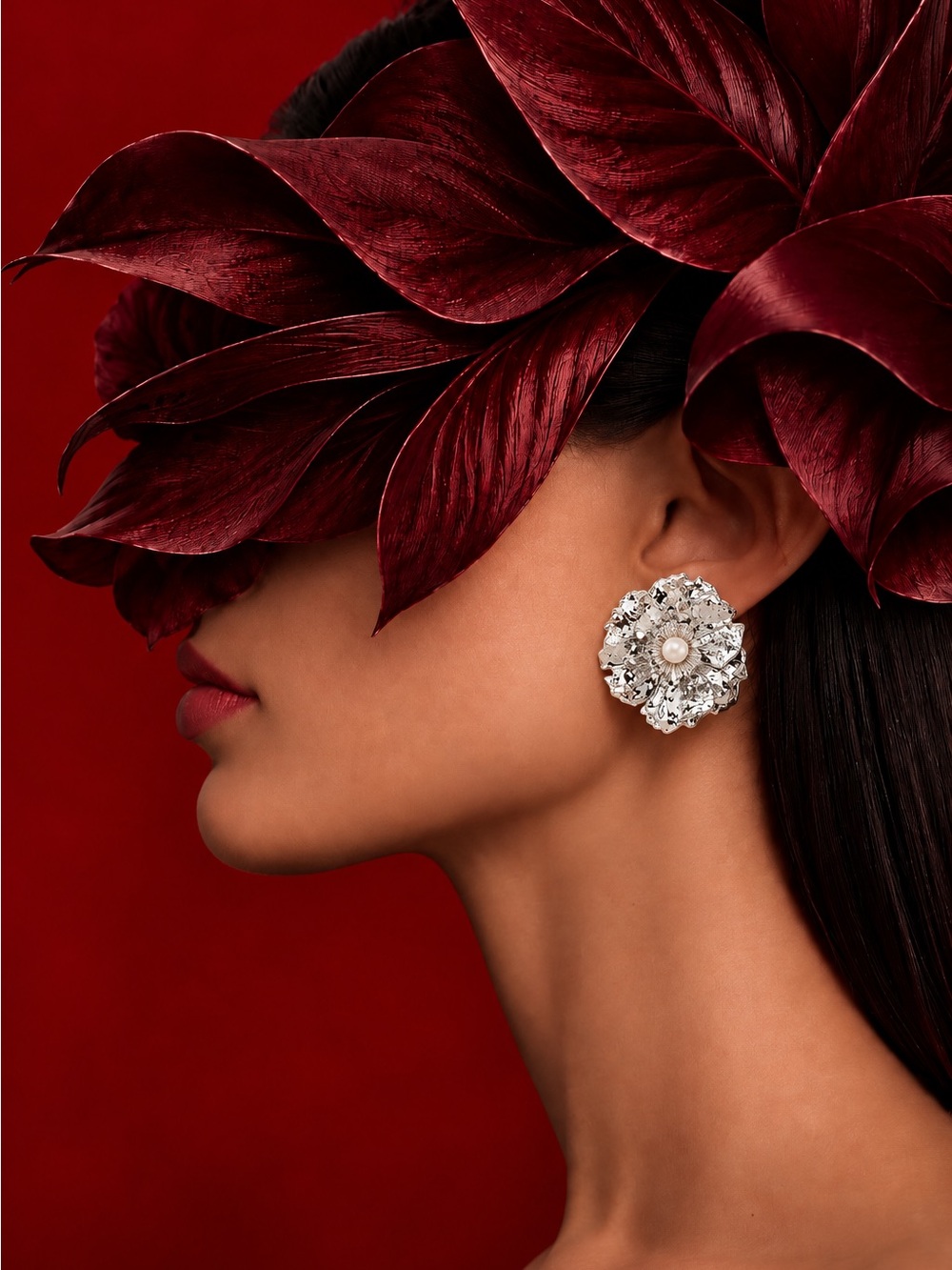 Oversized Silver Floral Pearl Statement Earrings